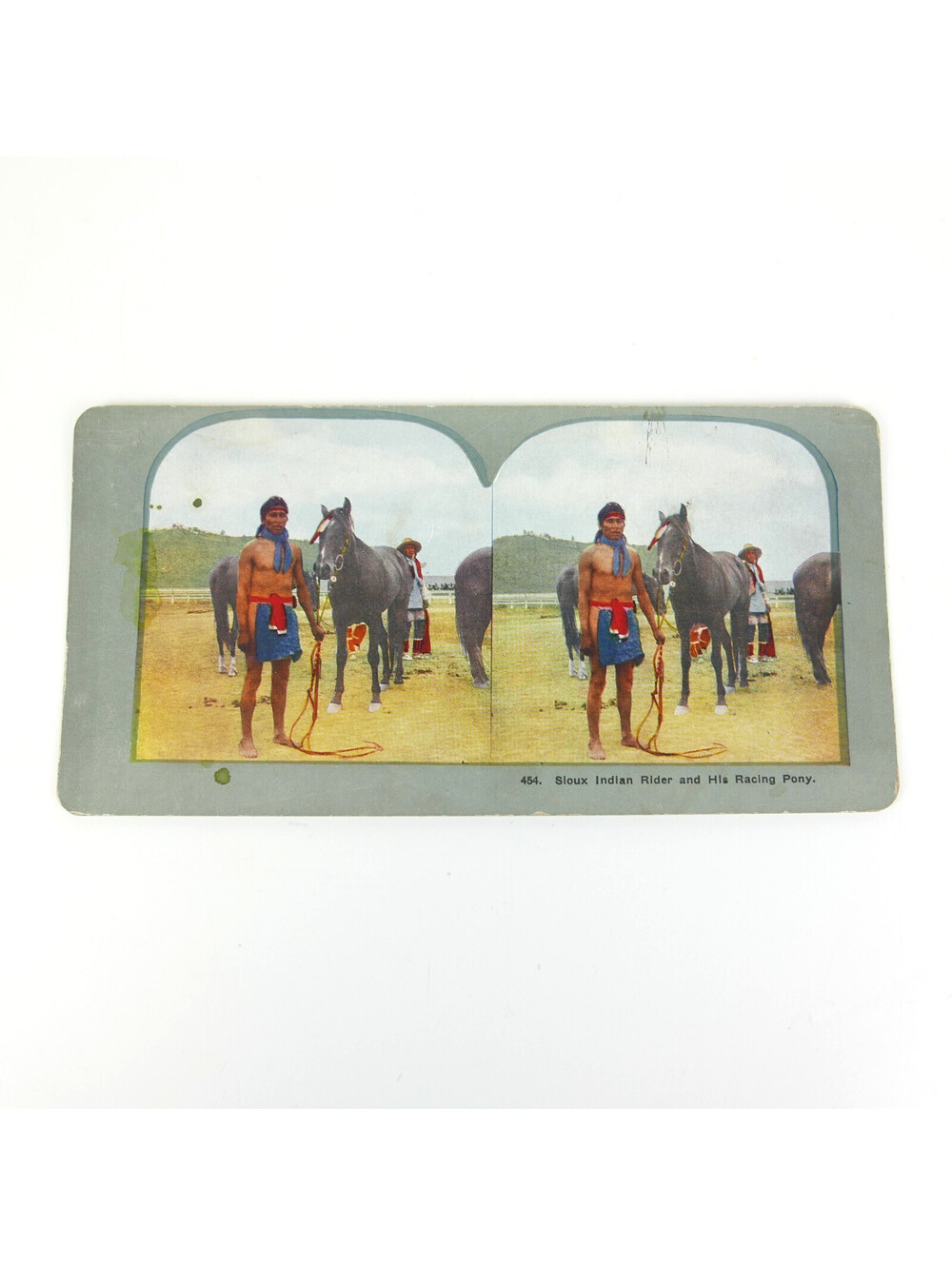 1899 Sioux Indian Rider Racing Pony Color Stereoview Antique Photo Card Ingersol